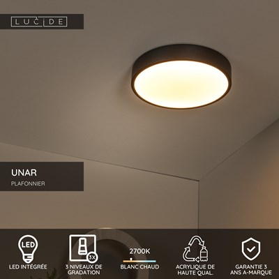 Lucide UNAR - Plafonnier - Ø 30 cm - LED 3 StepDim - 1x18W 2700K - Noir